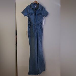 NWTGood American Fit For Success Short Sleeve Bootcut Denim Jumpsuit Blue Size L